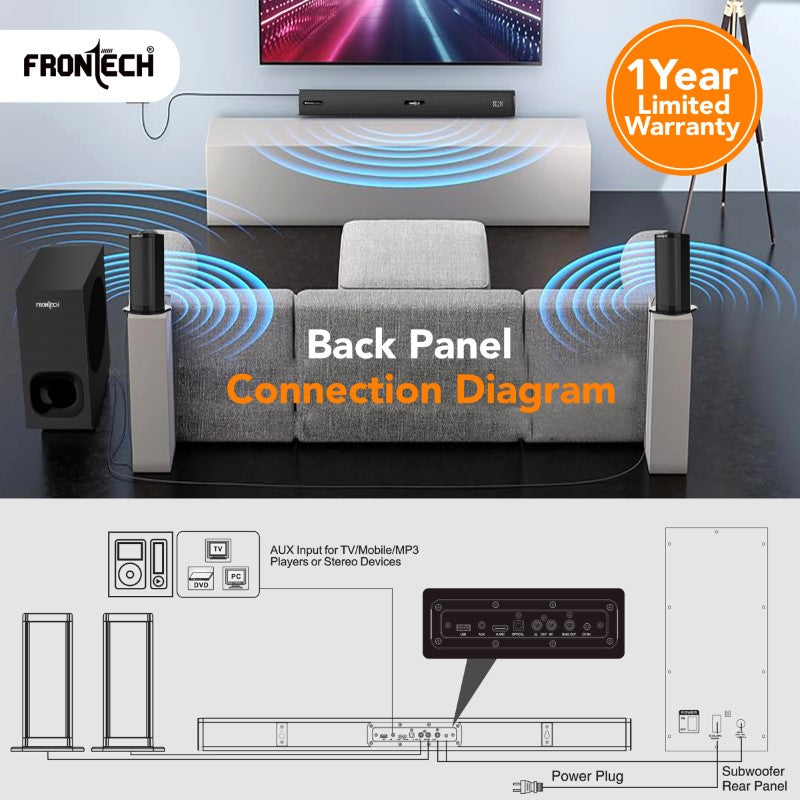 Frontech Arena 300W Dolby Digital Soundbar | Wired Subwoofer, 5.1 Channel (SW-0261) Frontech Arena 300W Dolby Digital Soundbar | Wired Subwoofer, 5.1 Channel (SW-0261)